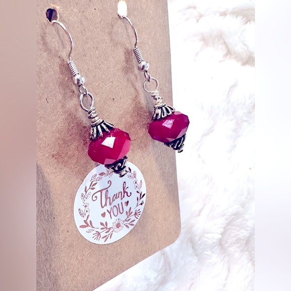 STUNNING Sparkly Burgundy Red JADE GEMSTONE +SILVER Caps Fishhook Dangle Earring - Picture 4 of 16